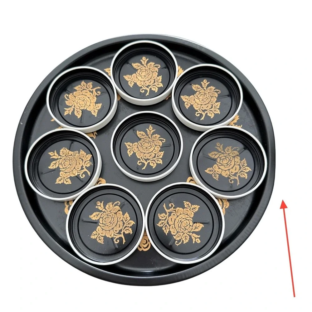 Vintage Toleware 9 Piece MCM Beverage Set Tray & Coasters Black and Gold Rose US